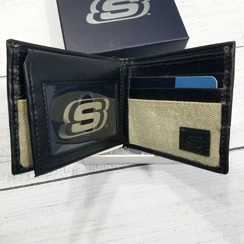 Skechers Twill Passcase Bifold Wallet Vegan Leather Trim RFID Protection